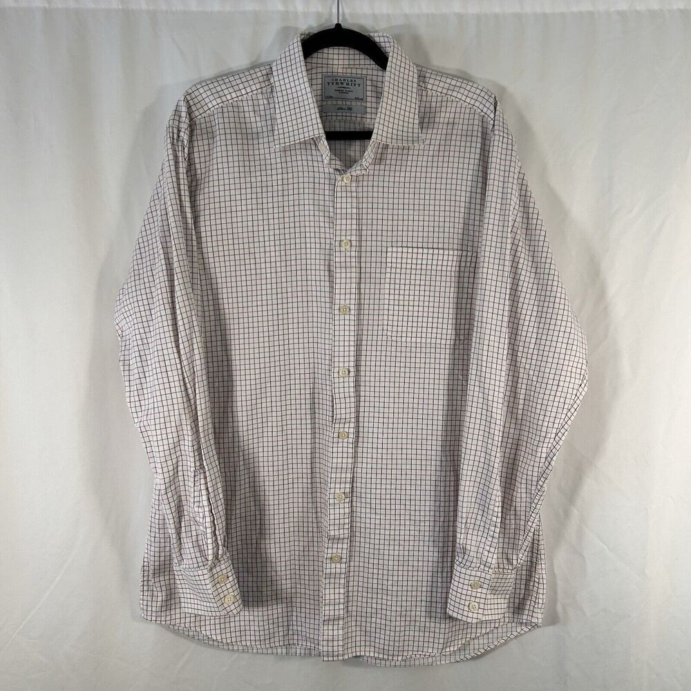 Charles Tyrwhitt Dress Shirt Men's 17.5 36 White Plaid Button Up Slim Fit Cotton